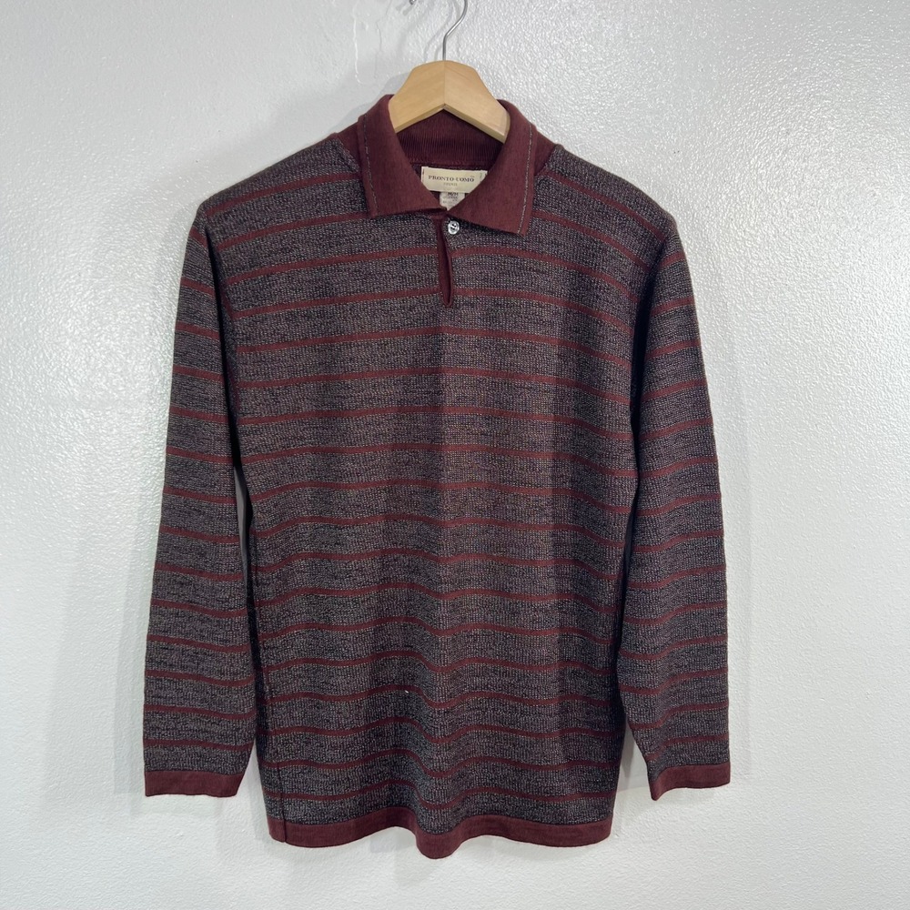 Pronto Uomo Vtg 90s Mens Knit Polo Sweater XL Burgundy Striped Merino Wool Italy